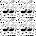 Cute enamored cats are holding hearts. Vector Seamless Pattern. White and black Doodle style